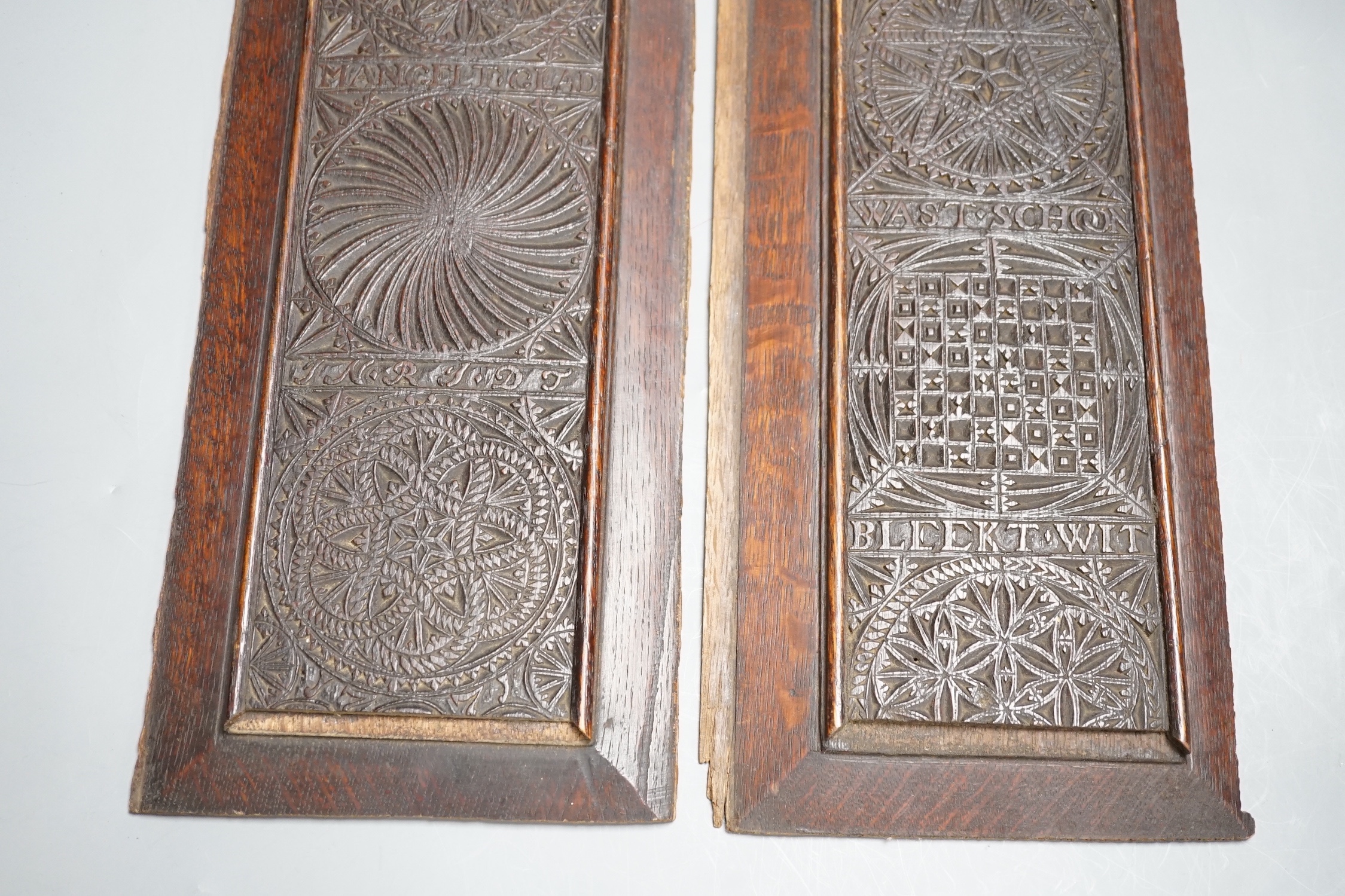 A pair of 18th century Scandinavian carved oak panels in later frames 18x36cm, possibly adapted from a mangle board